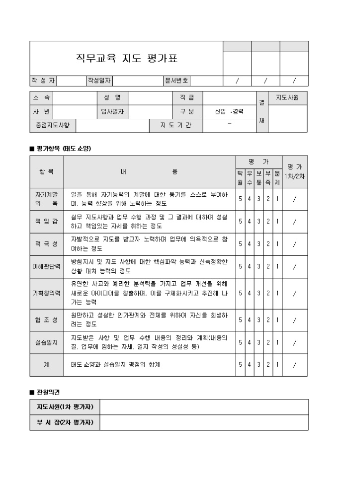 직무교육 지도 평가표 샘플, 양식 다운로드 직무교육 지도 평가표 샘플, 양식 다운로드